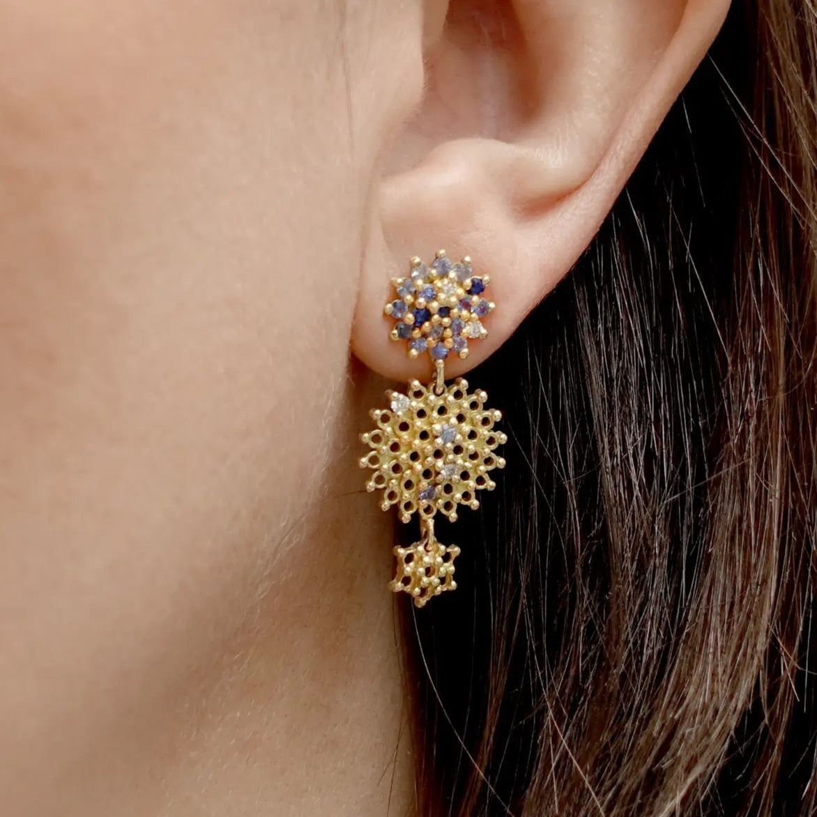    maya-selway-lets-get-lost-sapphire-and-diamond-three-tier-earring-on-model