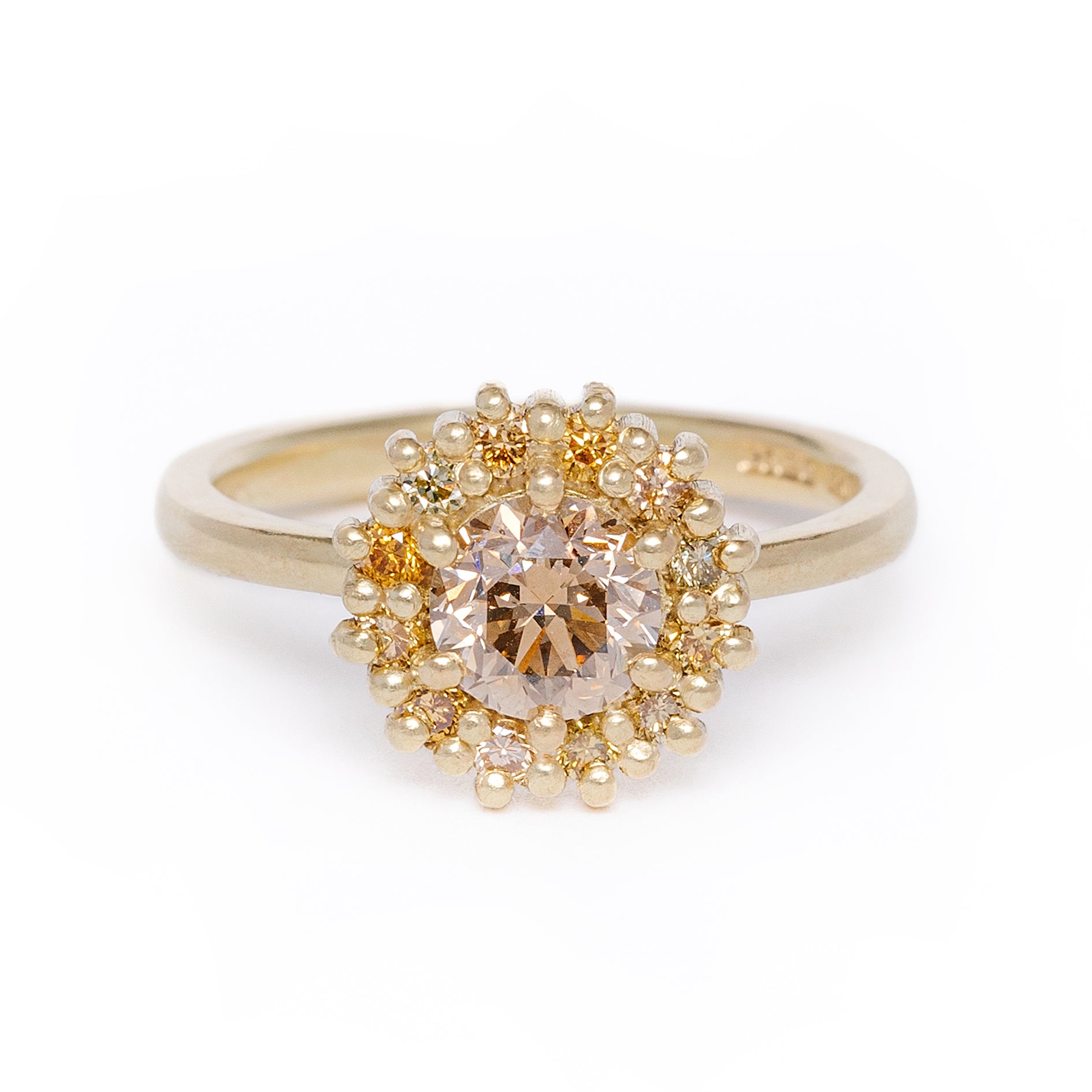 maya selway florence champagne diamond halo ring 1ct, matte 18ct yellow gold