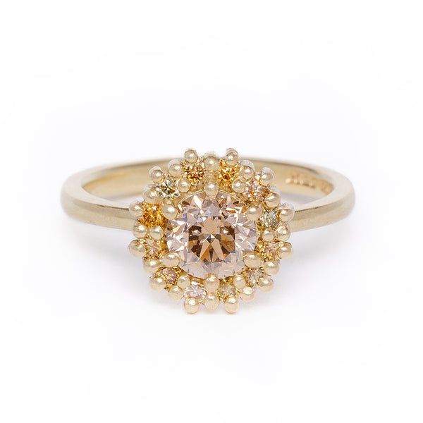 maya selway florence champagne diamond halo ring 1ct, matte 18ct yellow gold