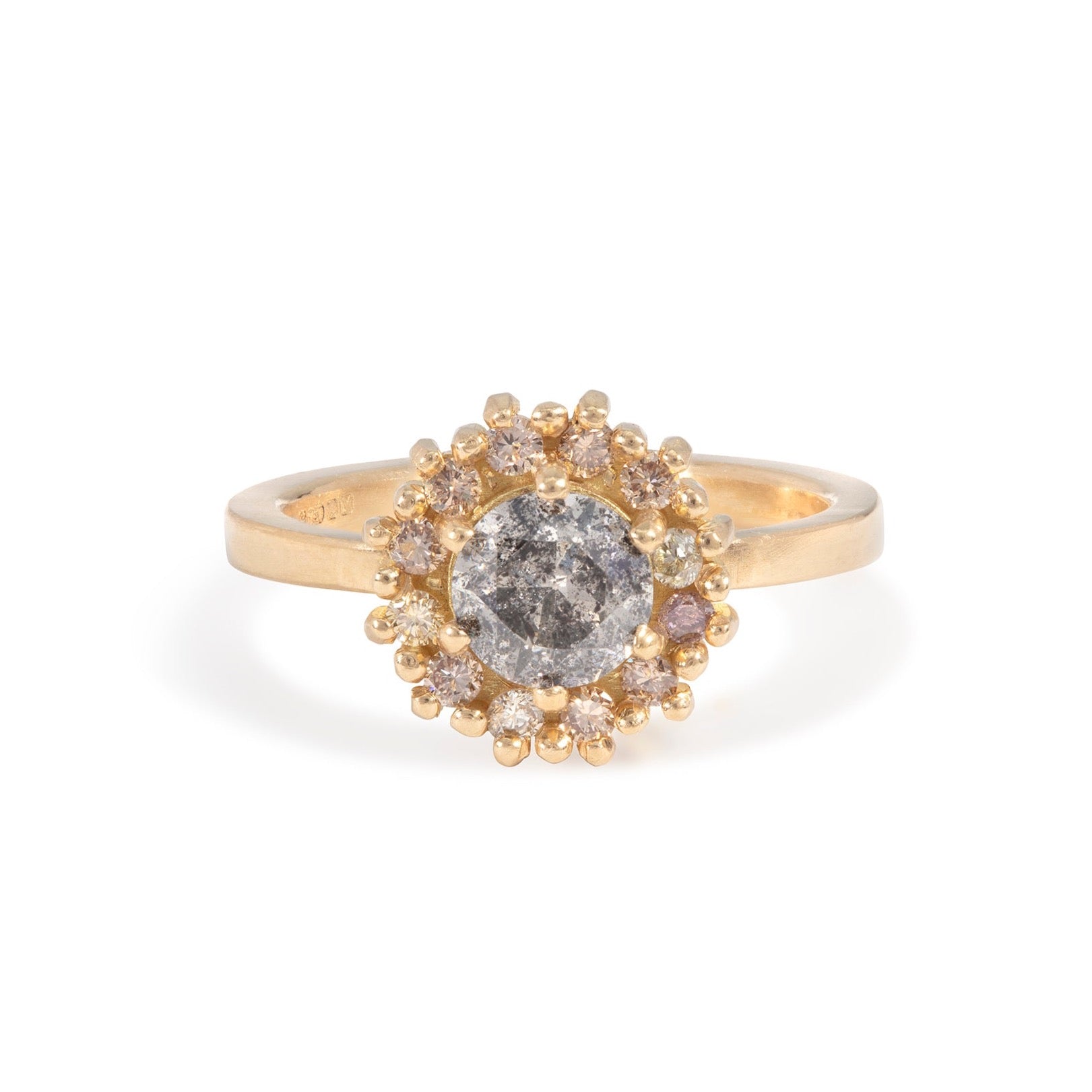 maya selway florence diamond halo ring matte 18ct yellow gold salt and pepper diamond champagne diamond halo