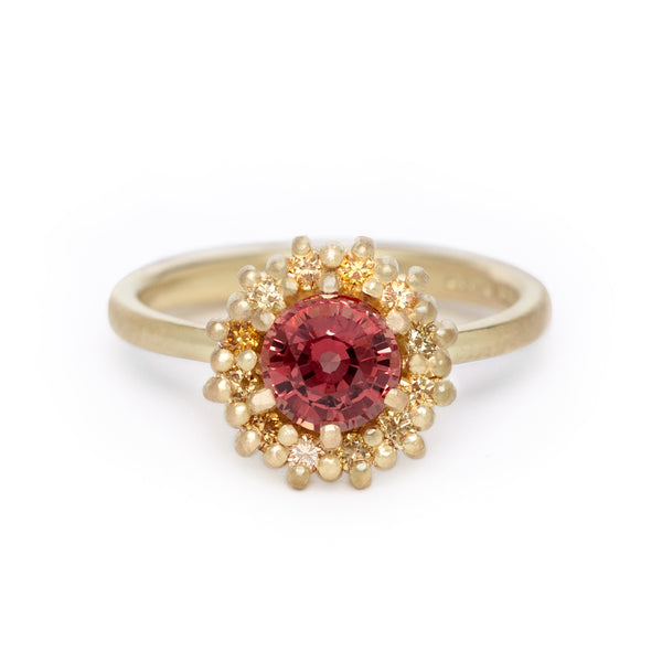 maya selway florence sapphire halo ring, matte 18ct yellow gold