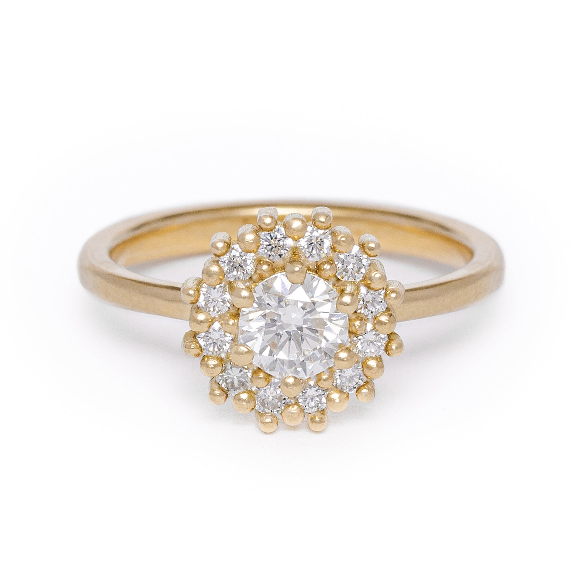 maya selway florence white diamond halo ring 0.74ct, matte 18ct yellow gold