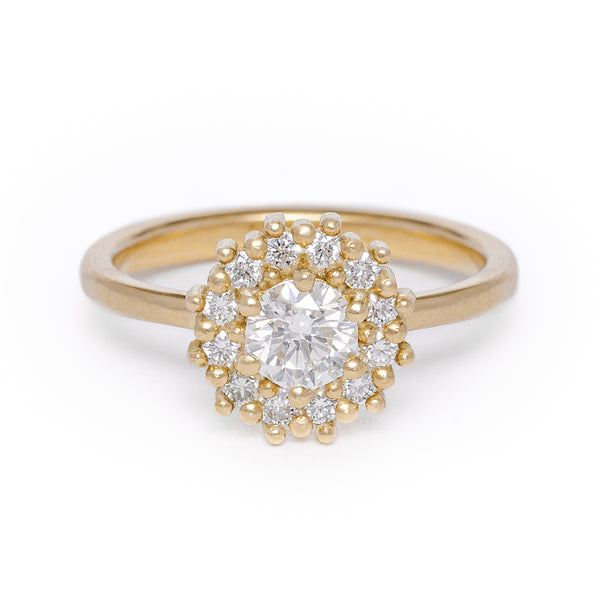 maya selway florence white diamond halo ring 0.74ct, matte 18ct yellow gold