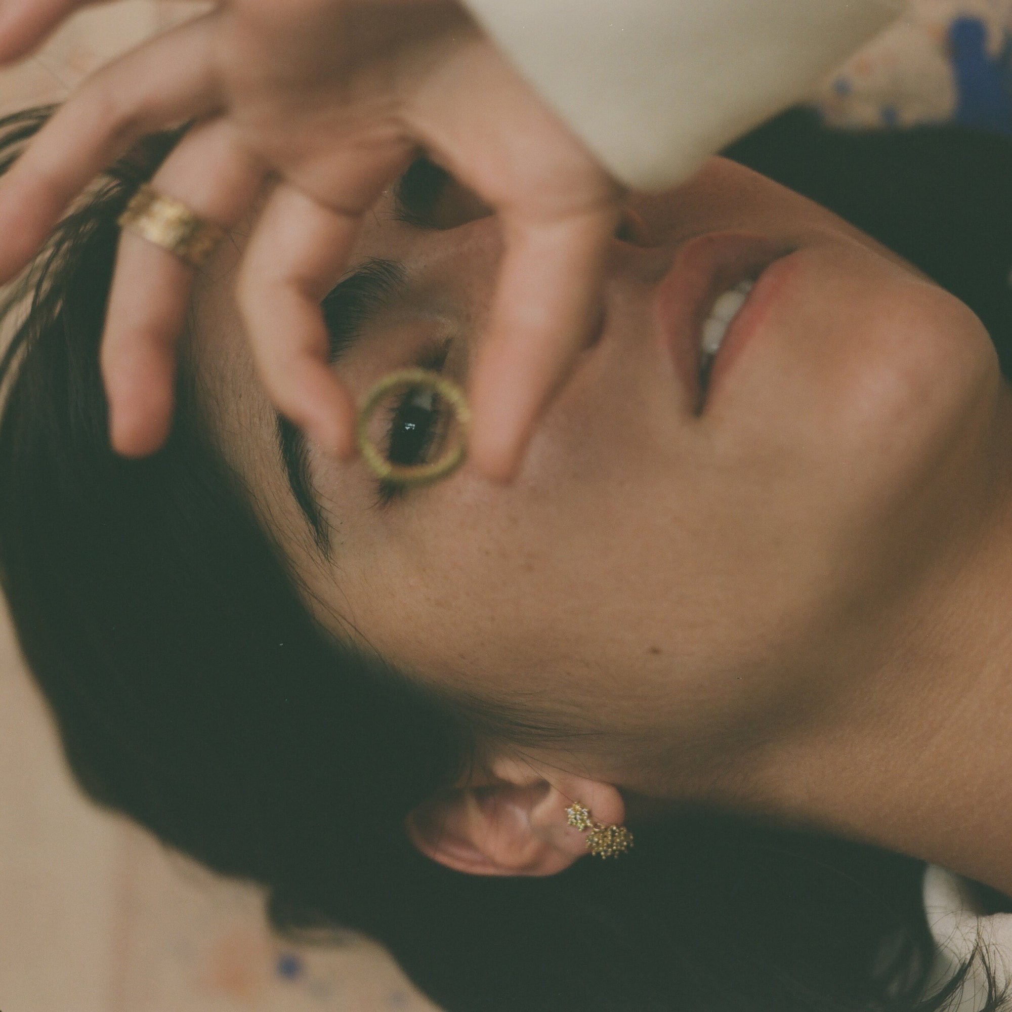 maya selway model wearing 18ct yellow gold diamond eternity rings edgy contemporary alternative fine jewellery