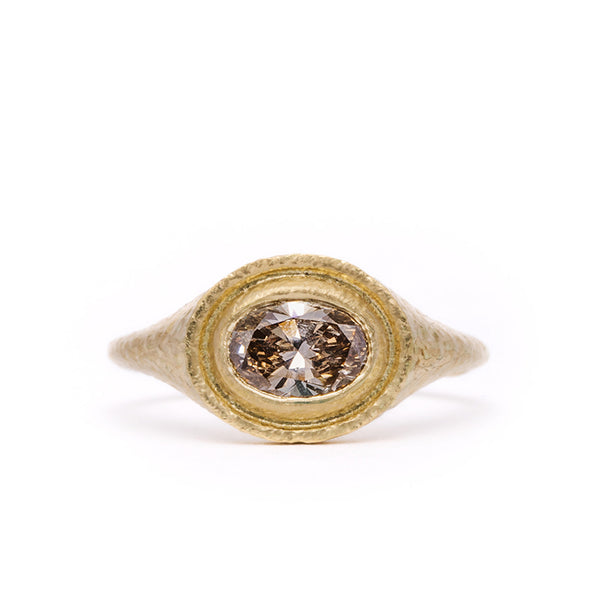 maya selway gaia champagne diamond signet ring 0.7ct, textured 18ct yellow gold