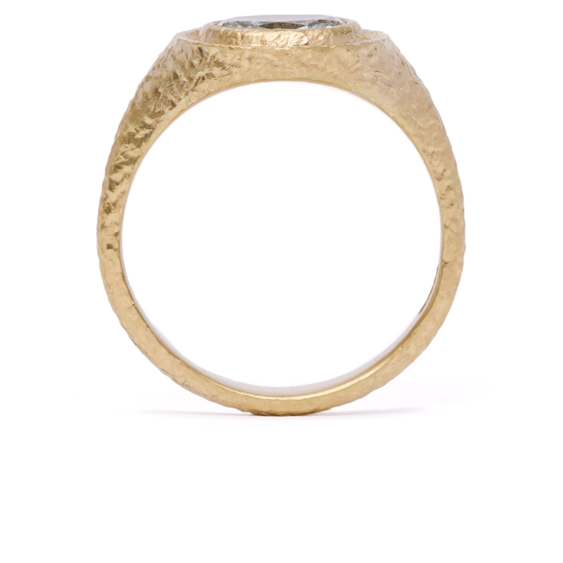 maya selway gaia signet ring champagne diamond standing. textured 18ct yellow gold