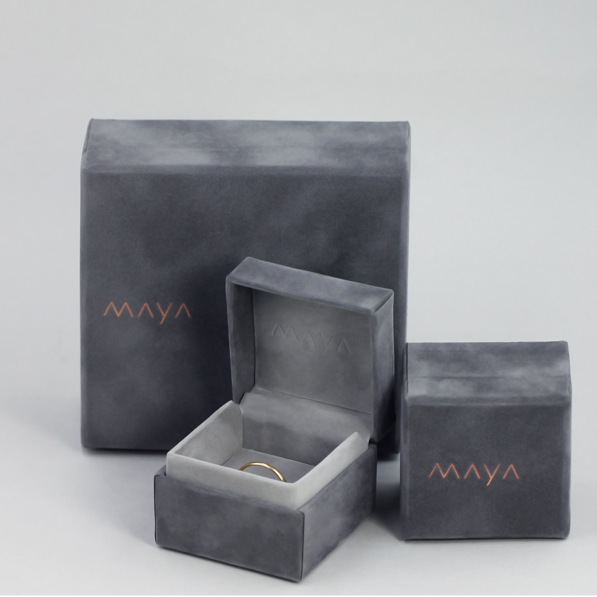maya selway gray velvet jewelry box with 'Maya' branding