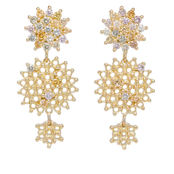 maya selway lets get lost chandelier earrings. 18ct yellow gold champagne diamonds