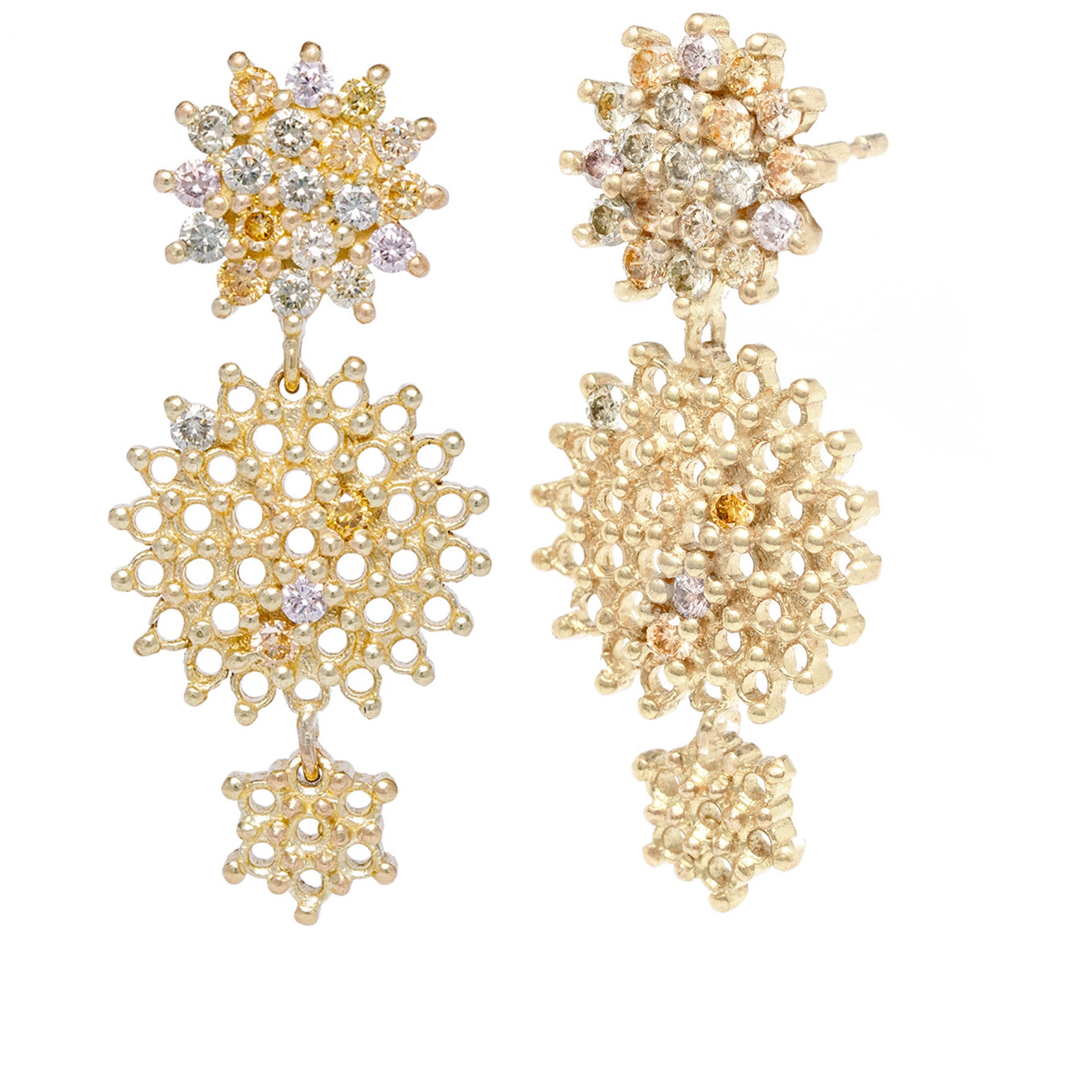 maya selway lets get lost chandelier earrings. 18ct yellow gold champagne diamonds