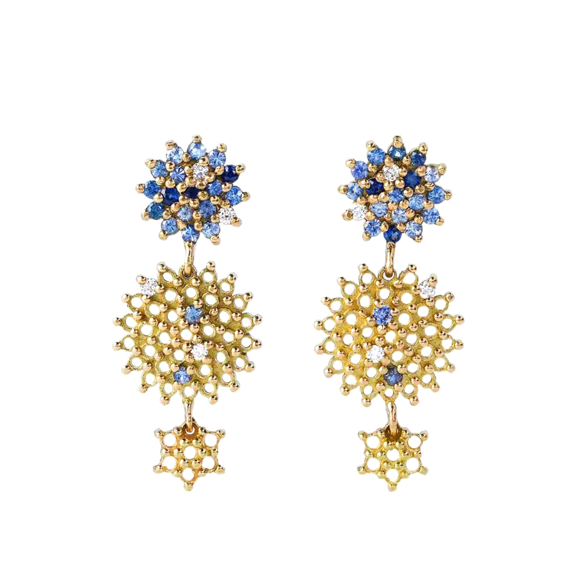 maya selway lets get lost sapphire chandelier earrings. 18ct yellow gold