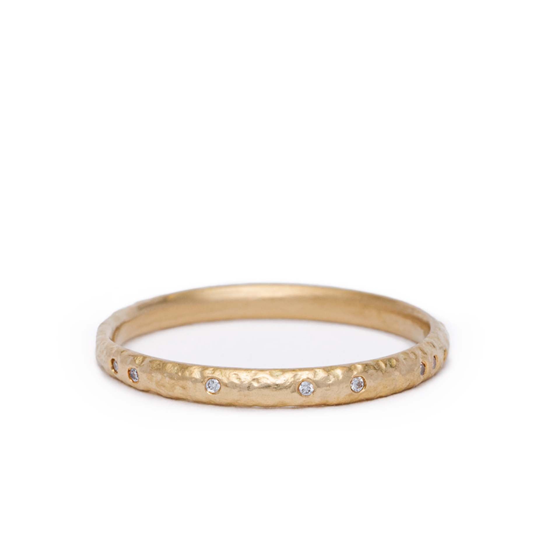maya selway scattered diamond eternity ring 2mm, textured 18ct yellow gold
