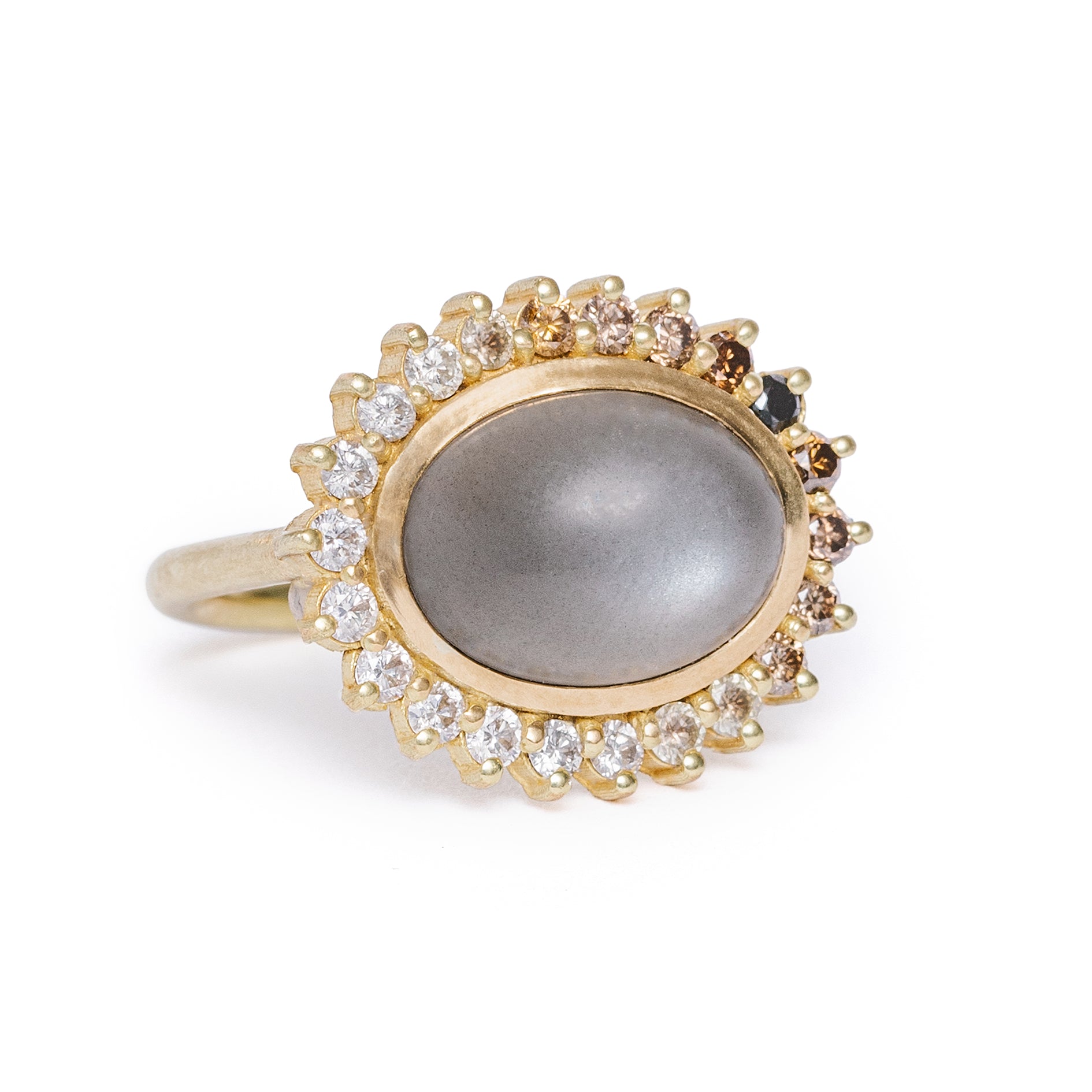 maya selway tilda moonstone cocktail ring, matte 18ct yellow gold grey moonstone and a diamond halo that graduates from black to white