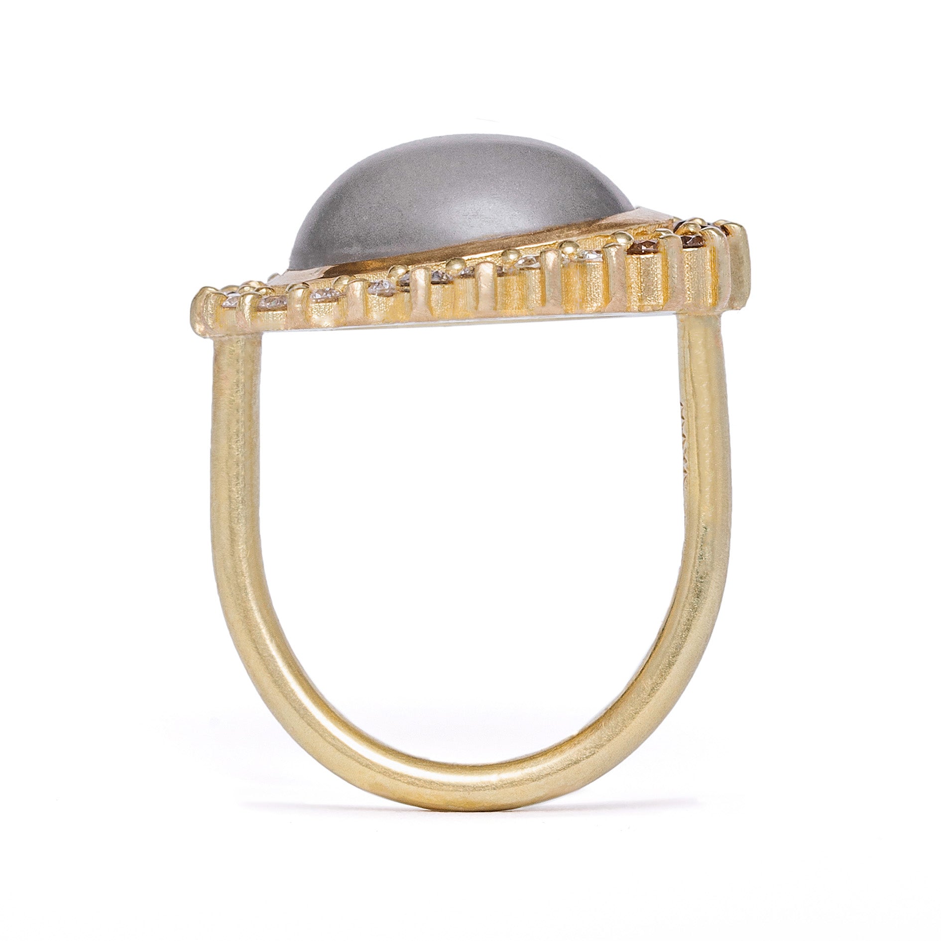 maya selway tilda moonstone cocktail ring, matte 18ct yellow gold grey moonstone and a diamond halo that graduates from black to white