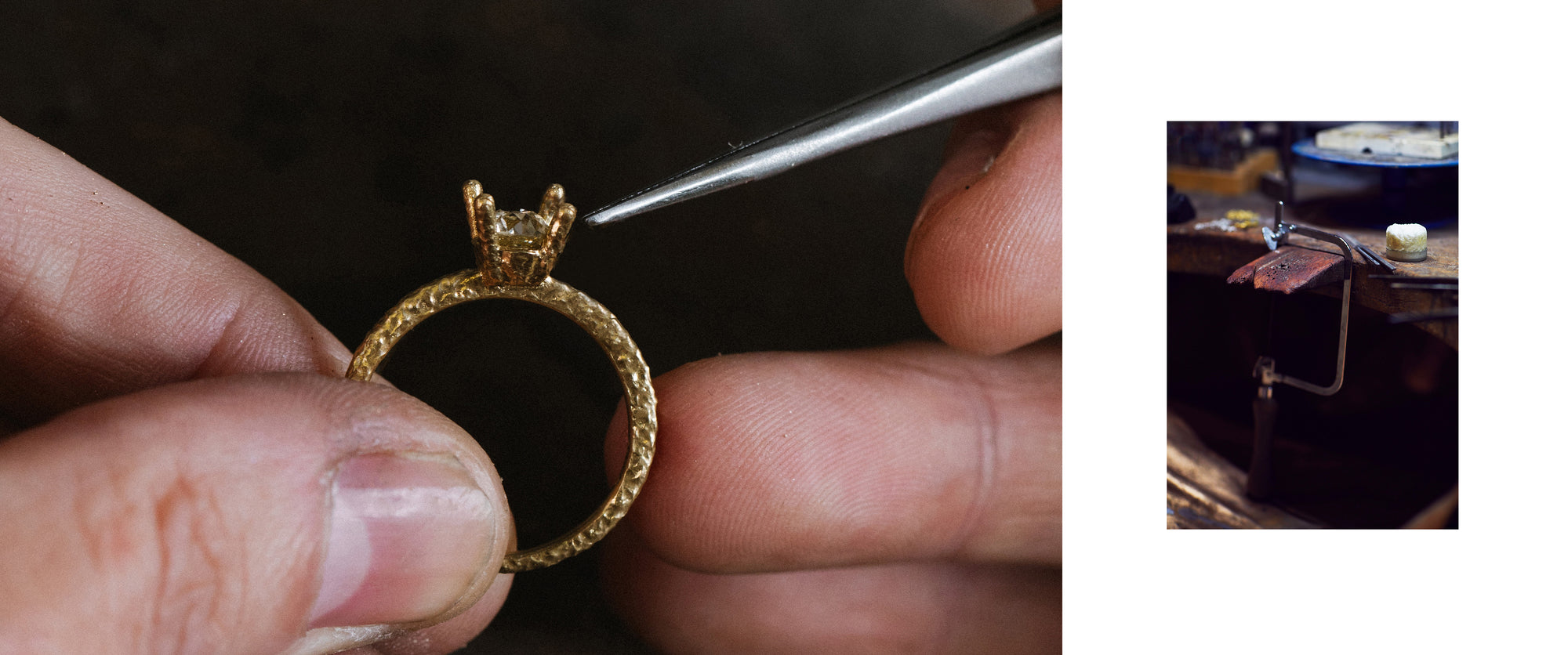 Gold ring being held by a hand with a blurred background