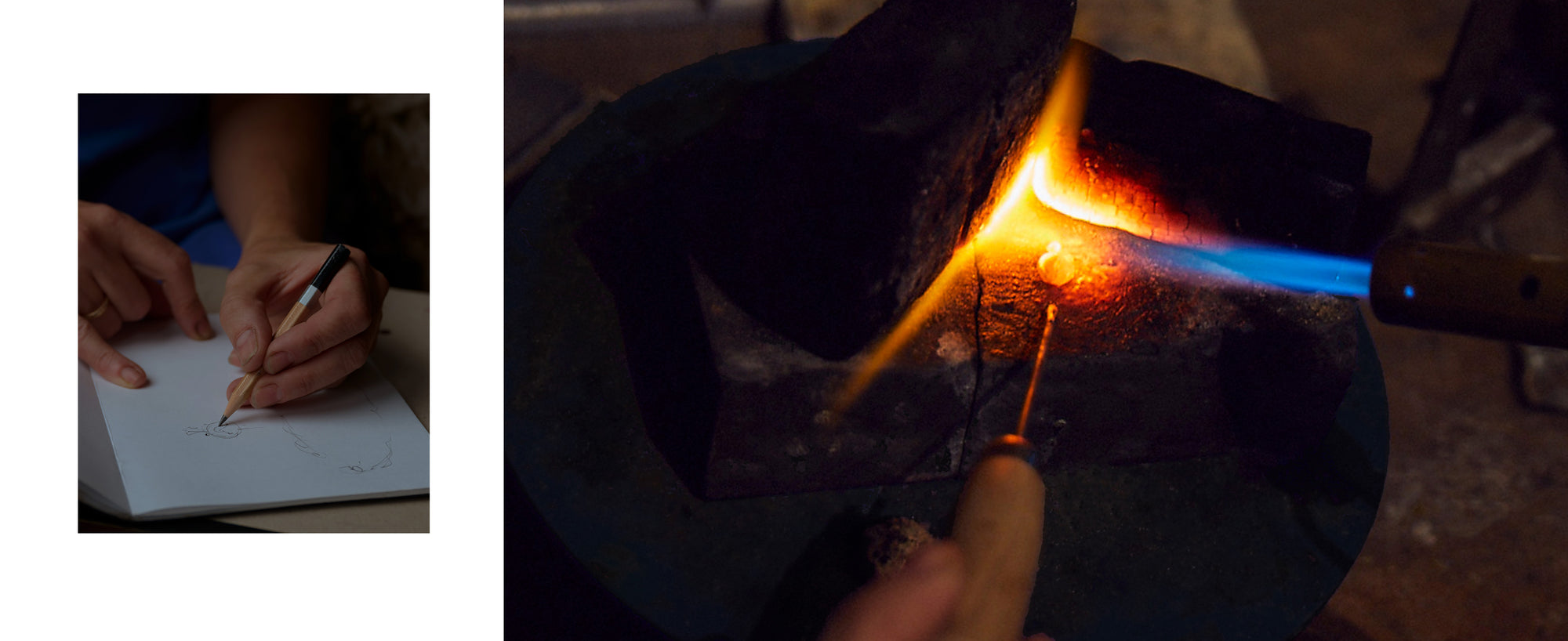 Two images side by side; one of a person writing and the other of glassblowing.